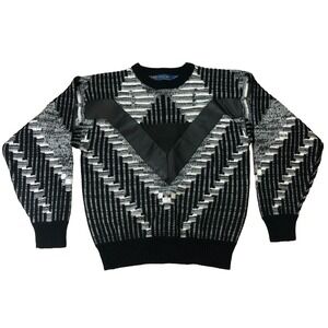Vtg Mens Coogi Style Medium‎ Knit Sweater Leather Suede Patch Hip Hop 80's 90's